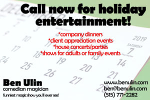 Ad for booking Holiday Shows by Ben Ulin comedian magician